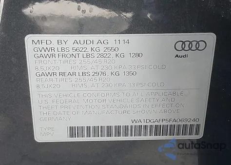 2015 Audi Q5 3.0T Premium Plus из США, поврежденный, VIN WA1DGAFP5FA069240